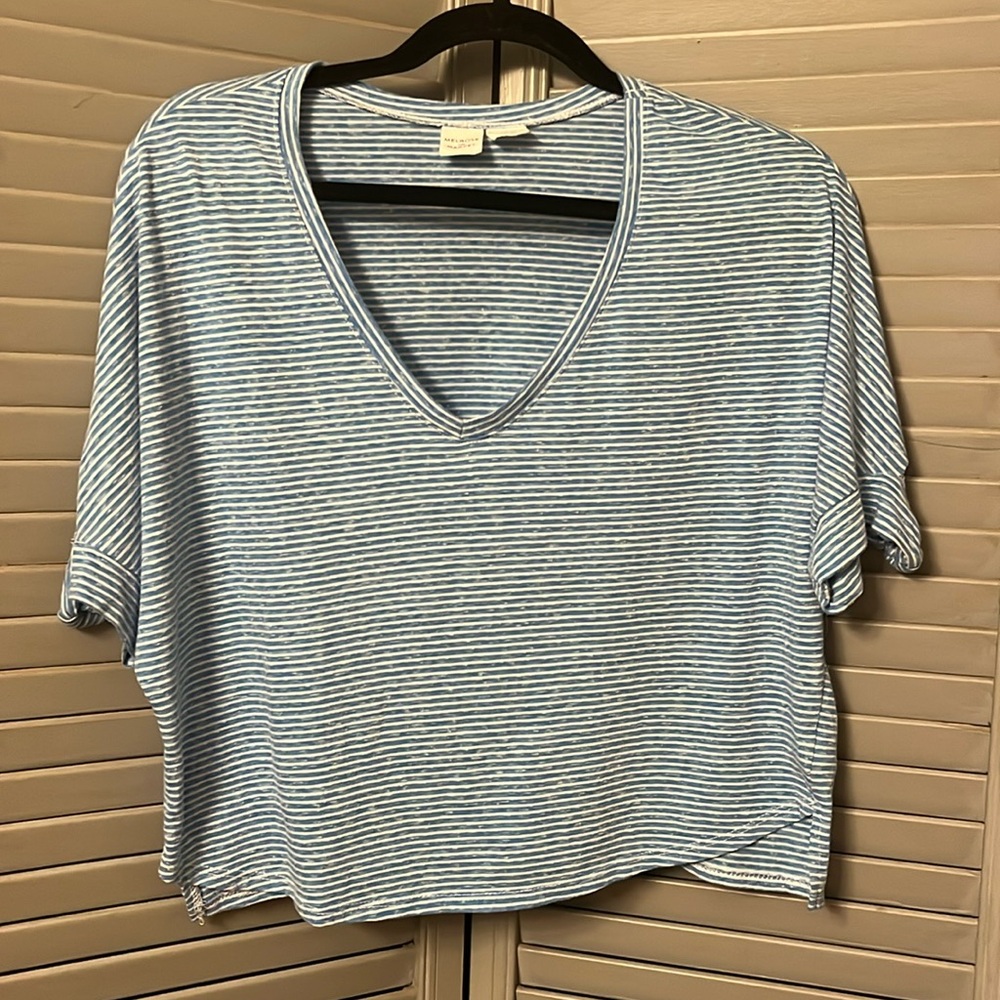 Melrose and Market Blue & White Striped V-Neck Cropped T-Shirt, Size M